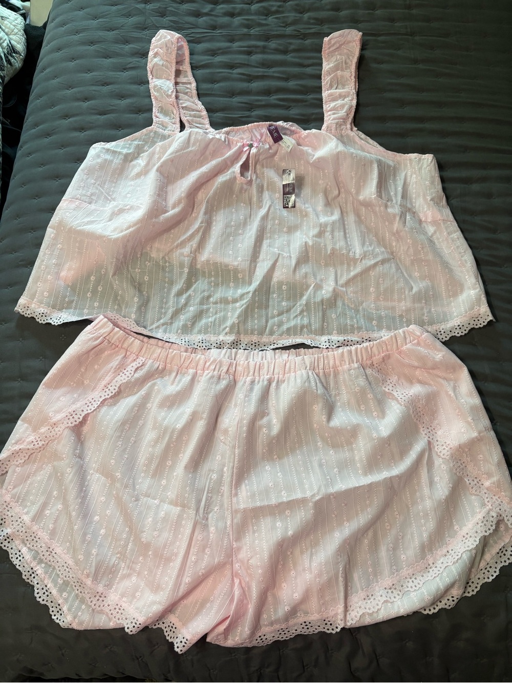 Adore Me Light Pink Eyelet Two-Piece Cotton Pajama Set